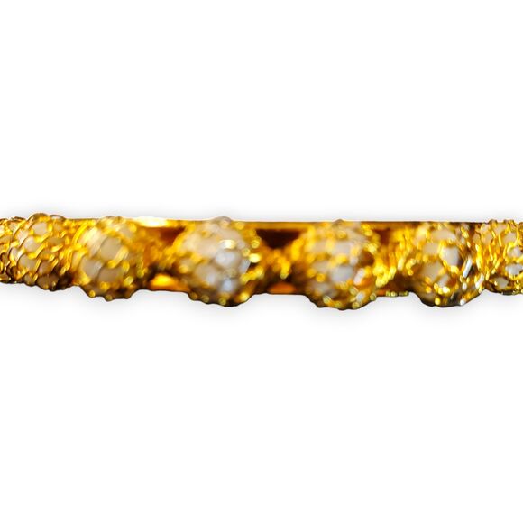 Gold Tone Blingy Bangle Bracelet w/ White Beads Basket Weave Indian Style 2" Dia - Picture 6 of 11